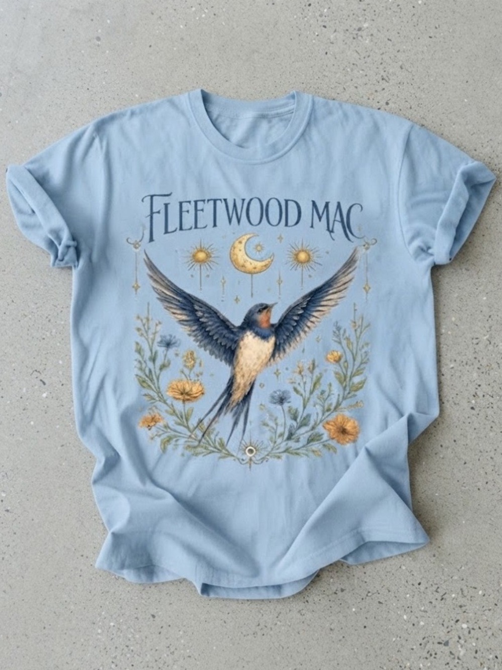 Fleetwood Mac Swallow Bird Floral Moon Stars Gildan T-Shirt